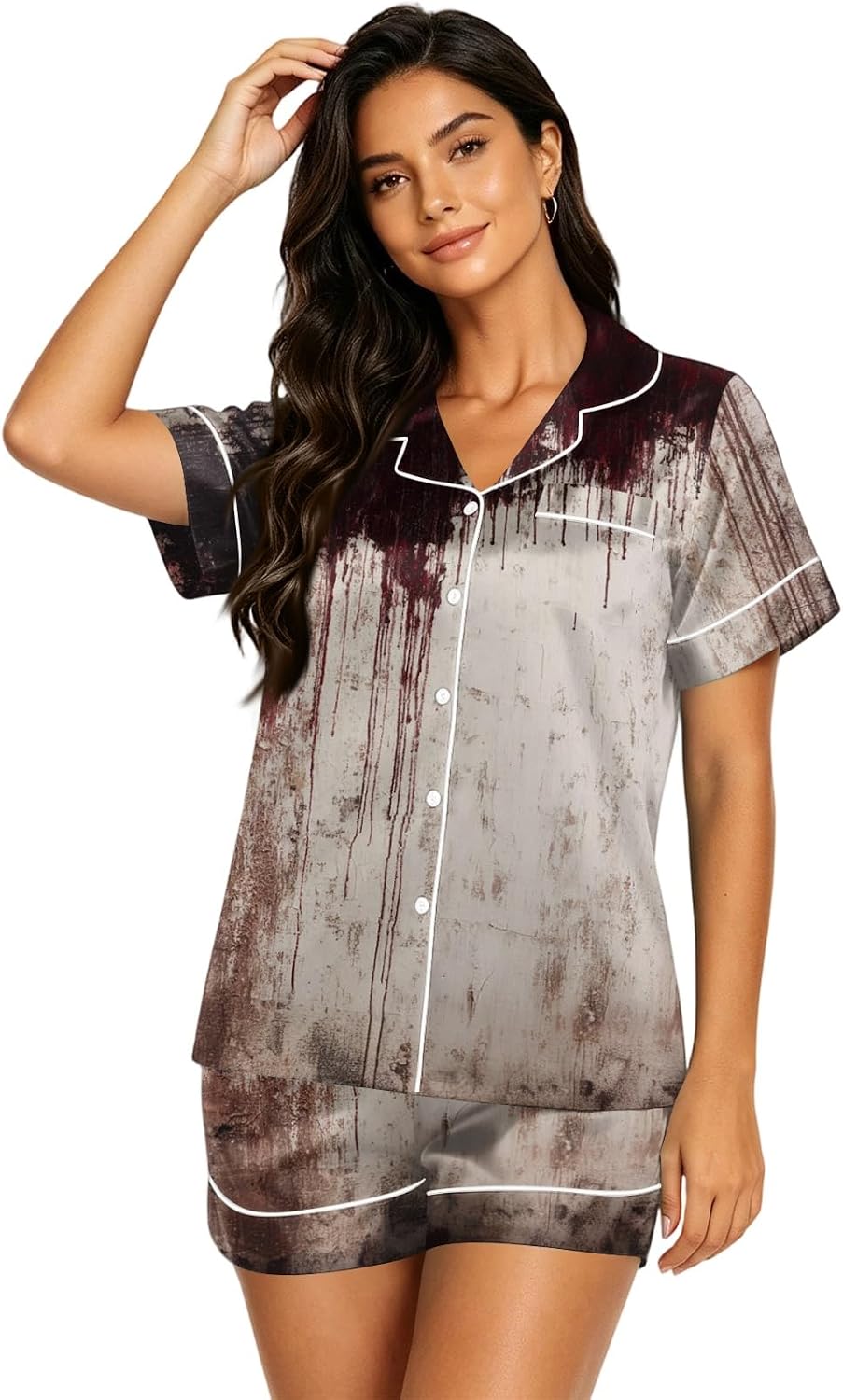 Women Short Sleeve Halloween Sleepwear Set Notched Lapel PJs Autumn Outfit Ghost Bat Spider Pumpkin Skeleton Motifs