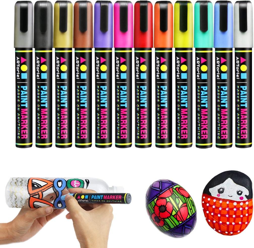 ARTarlei Acrylic Paint Pens for Rock Painting, Stone, Fabric, Glass, Canvas, Ceramic, Wood, Set of 12 Color Medium tip, Waterproof, Quick Dry, Permanent and Oil Based Paint Markers