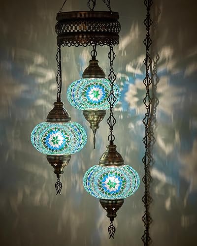 Miniatura 10 de DEMMEX Lámpara colgante de techo con mosaico turco marroquí, 3 globos grandes (enchufe de 3 x 7 globos)