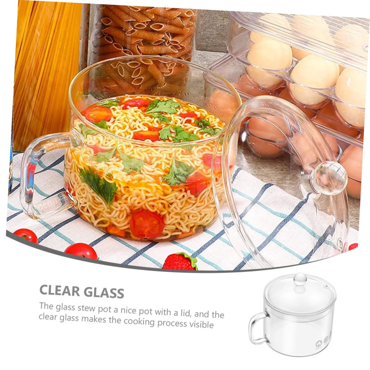 Olla de Vidrio para Fideos Tapa y Asa, Gran Capacidad | Vidrio Plata, Calentamiento Seguro, Formato para Noodles y Comida de Ñiño