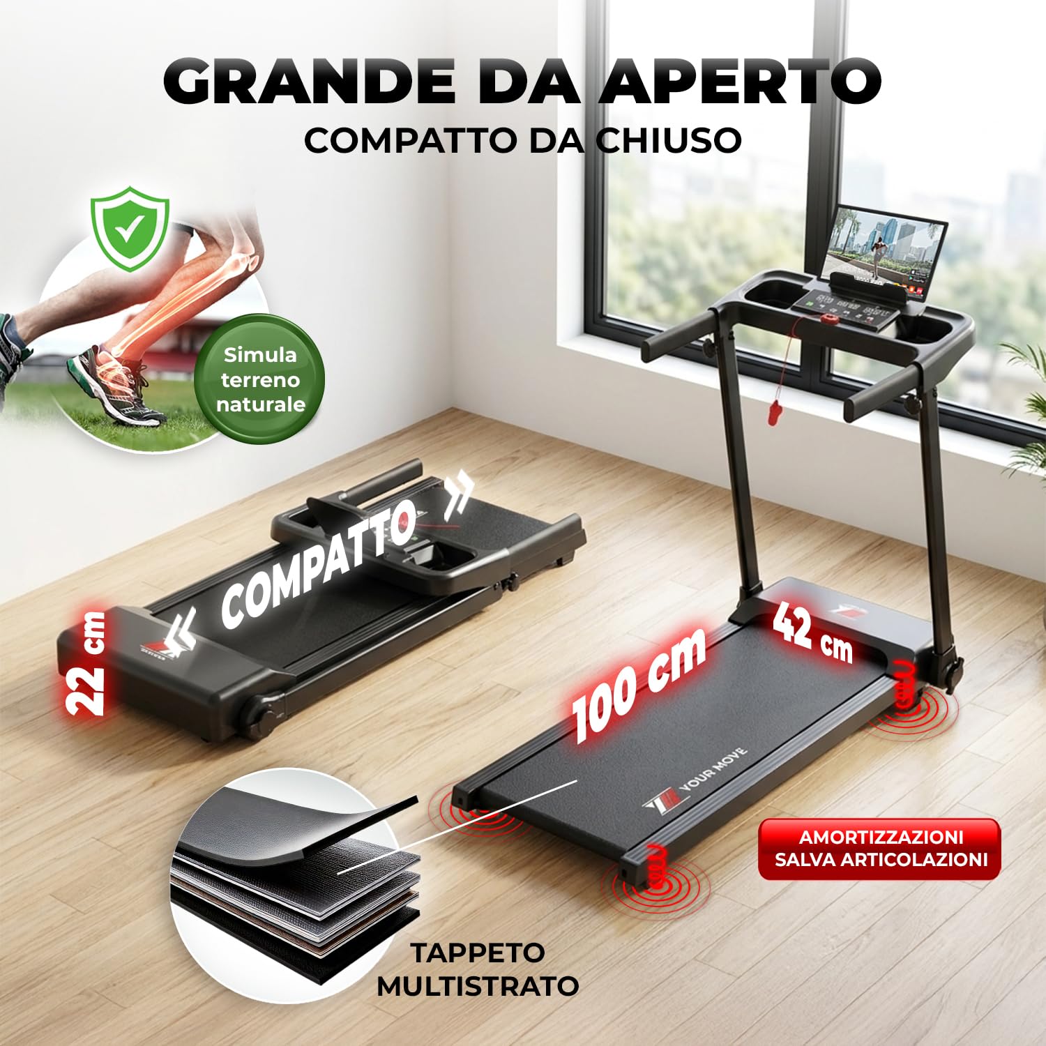 YM Tapis Roulant Salvaspazio 12 km/h, MARCHIO ITALIANO, Pieghevole, Elettrico, INCLINAZIONE, Telaio Rinforzato, Programmi, Nuovo Modello 2026, Your Move ASSISTENZA ITALIA, Mod. 2026
