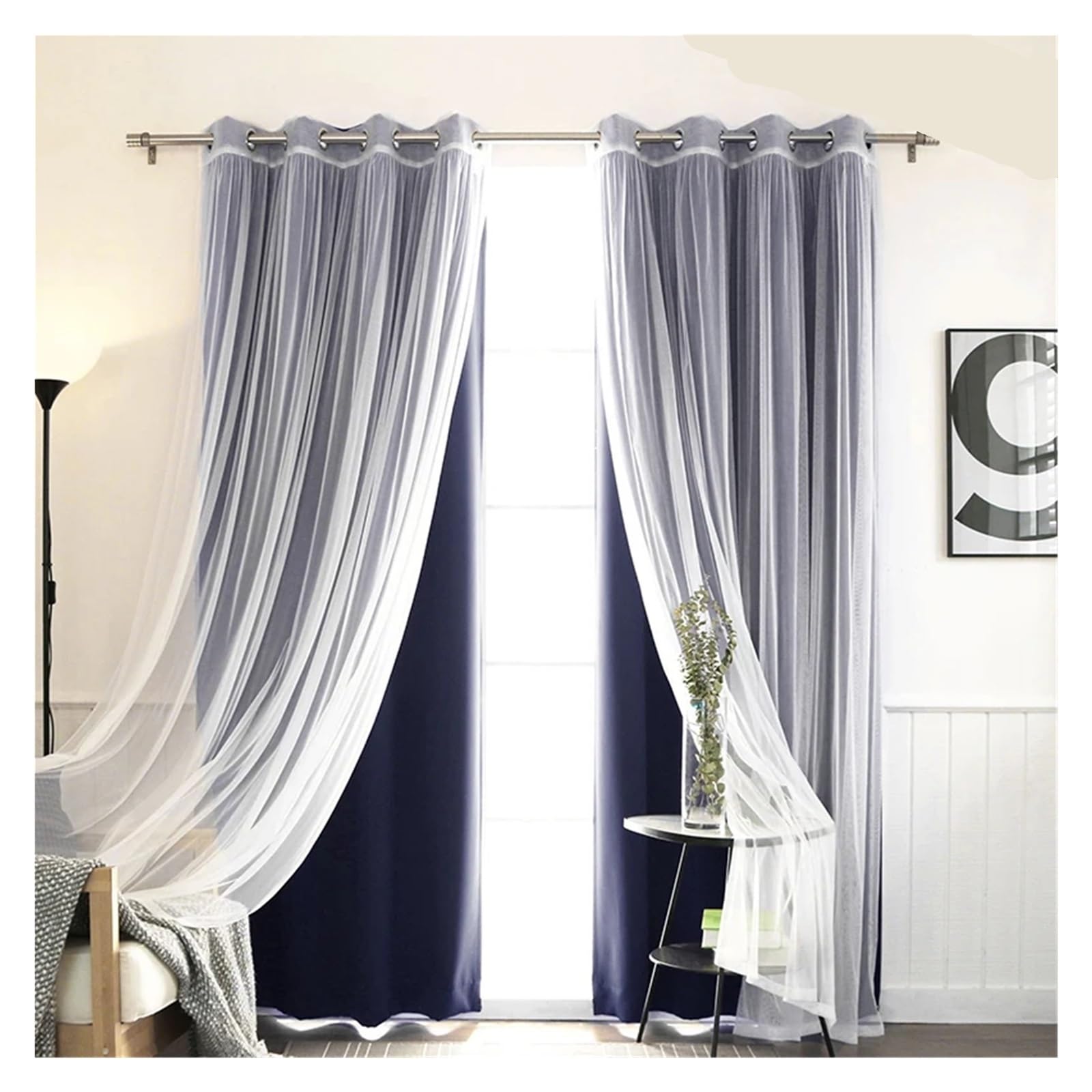 DHYUACN Living Room Curtains Double Layered Solid Blackout and Sheer Window Curtain for Living Room Bedroom(Color 5,Rod,W100cmxL125cm)
