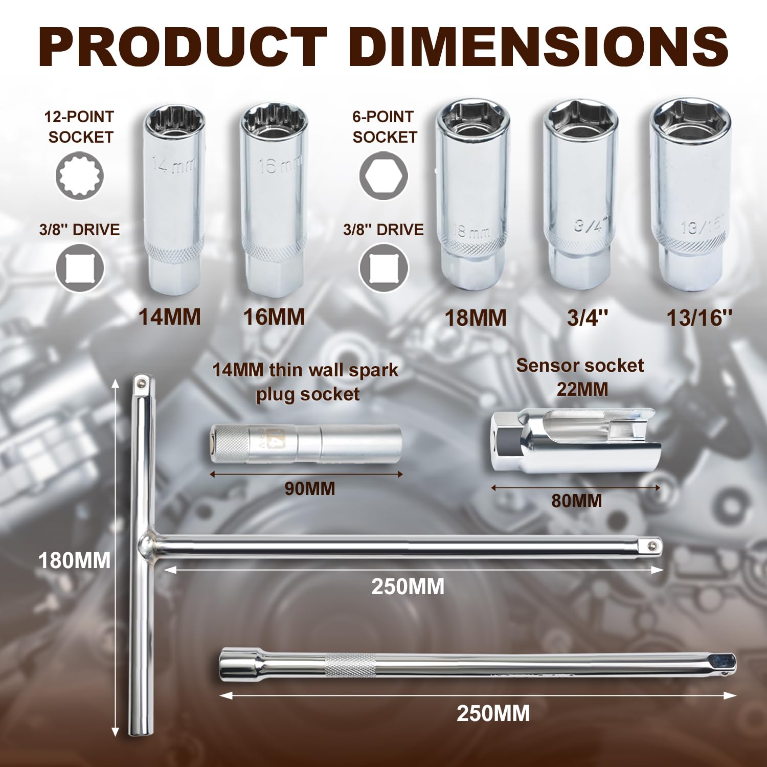 Kit de Herramientas para Bujías y Calentadores Diésel, Llaves de Vaso Magnéticas 14mm-13/16, Extractores de Calentadores 8-12mm, con Mango en T, Junta Universal y Calibrador