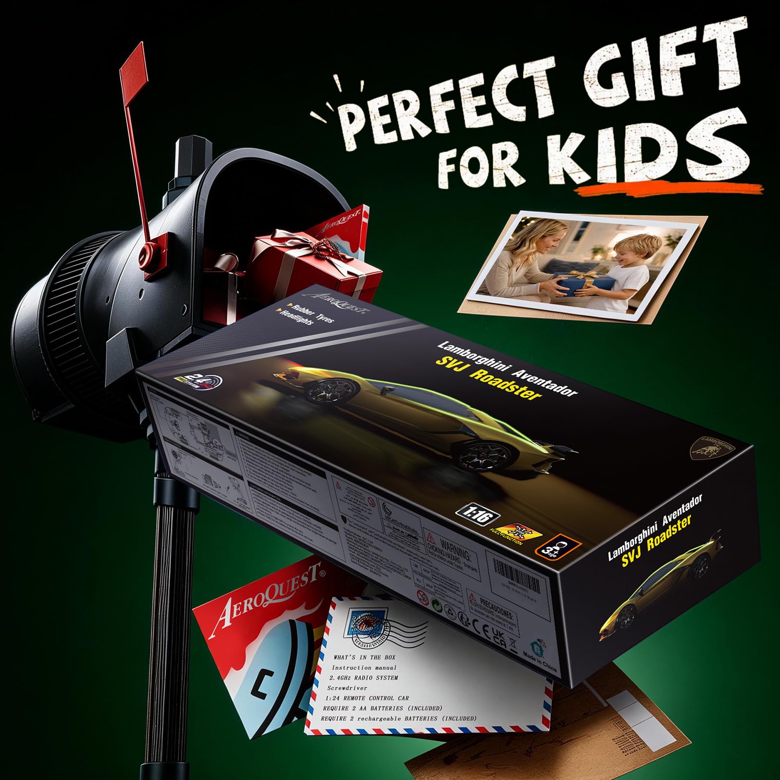AEROQUEST Lamborghini - Auto telecomandata con licenza ufficiale Lambo Aventador SVJ, in scala 1:16, giocattolo per bambini, sport da corsa, hobby, regalo di compleanno per ragazzi e ragazze