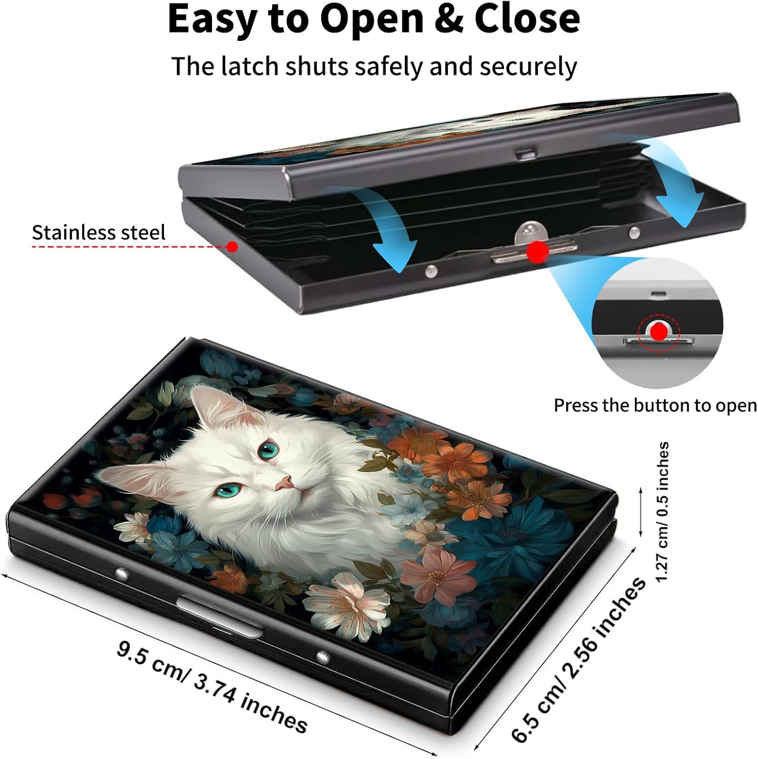 Metal Wallet,Credit Card Holder for Women Men,RFID Blocking Card Holder Wallet Mini Slim Aluminum Wallet ID Case Hard Card Case Business Card Holder Case,Cute Cat Floral - Image 5