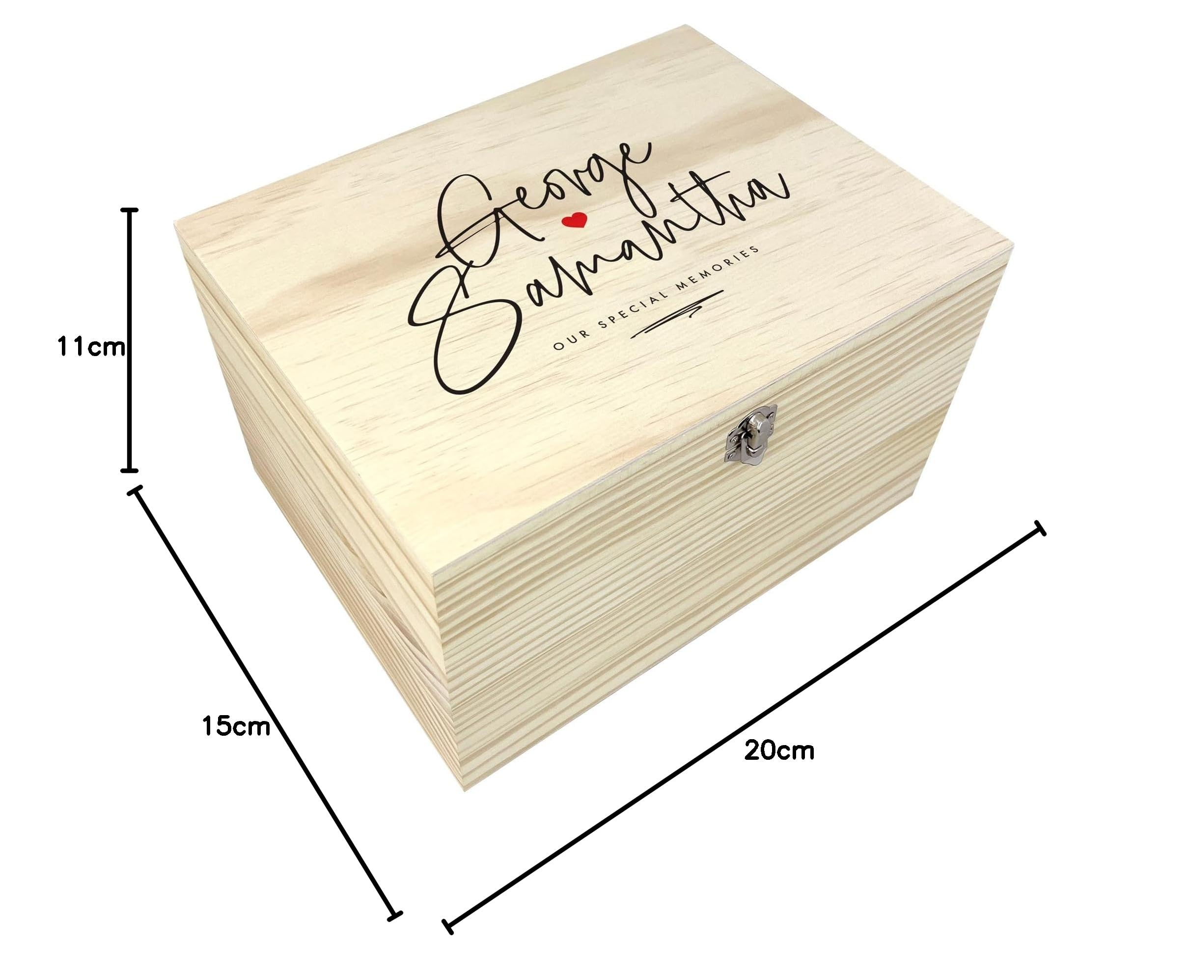 Personalisierbare Erinnerungsbox für Paare, Namen, Geschenk zum Jahrestag, personalisierbar, Holzbox mit Namen, Hochzeits-Kasten, Metallscharniere und Verschluss, 20 cm x 15 cm x 11 cm (B x T x H)