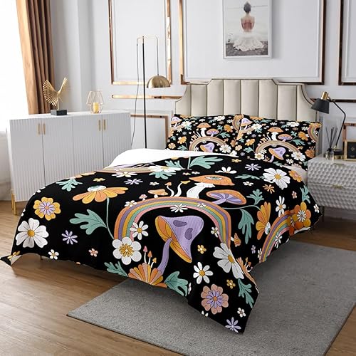 Miniatura 2 de Erosebridal Juego de edredón de hongos trippy, juego de colcha floral Groovy, lindo juego de colcha de arco iris, tamaño King, dos Groovy Party Boho