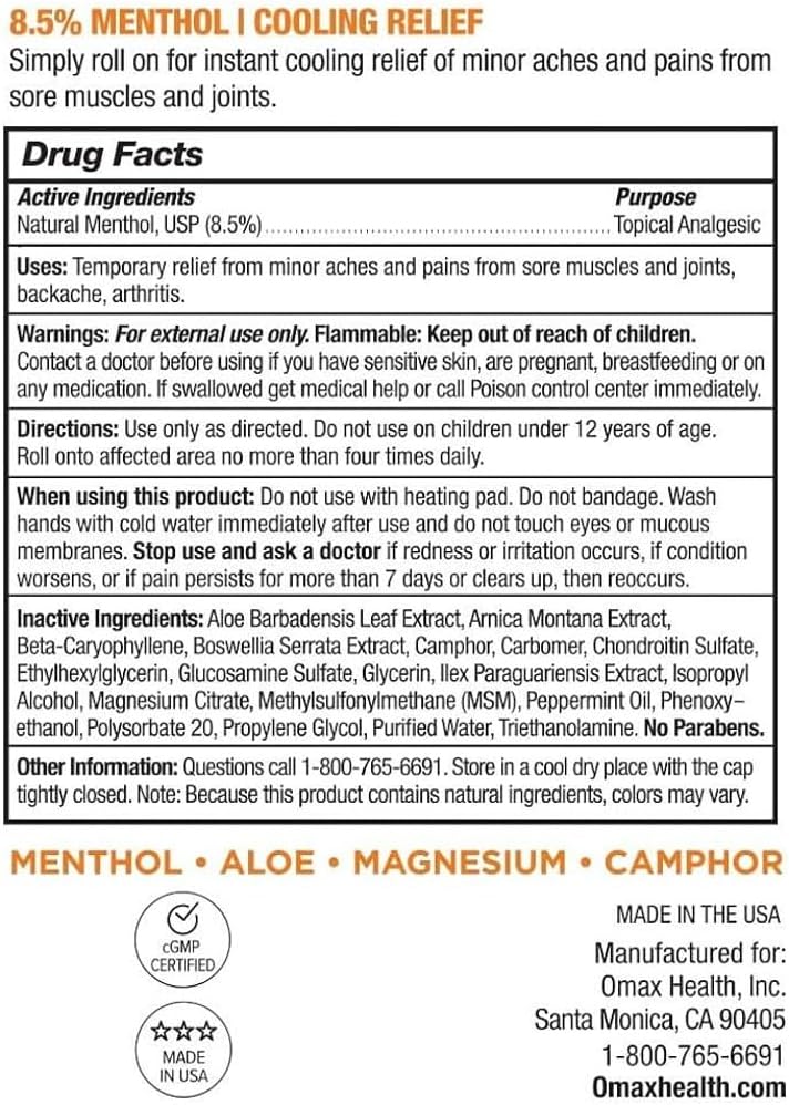 OMAX 2 Bottles CryoFreeze Pain Relief Menthol Roll On, Sport ICY Cold, Arthritis, Back Pain, Muscle & Joint, Arnica, Made in USA, 3oz per/Bottle