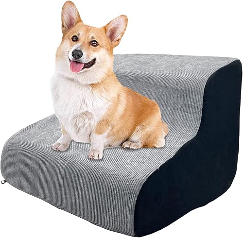 Fhiny Escaleras para perros, 2 niveles antideslizante para cachorros, pendiente suave, escalones de espuma suave con tela lavable, escalera para