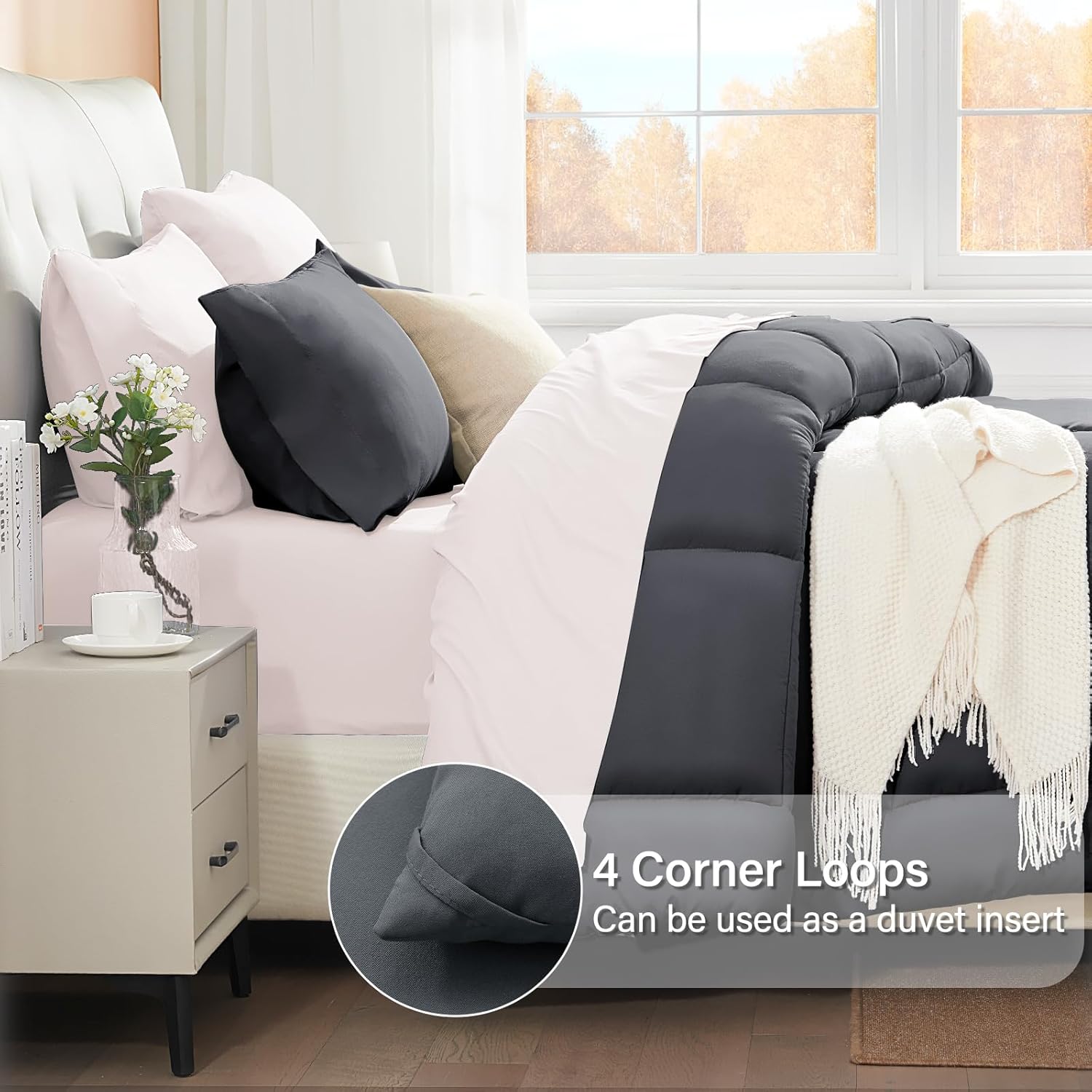 SunStyle Home Queen Comforter Set Dark Grey, 3 Pieces Lightweight Comforters Queen Size Solid Box Stitched Bedding Sets, Soft Breathable Down Alternative Bed Set with 2 Pillow Shams for All Seasons