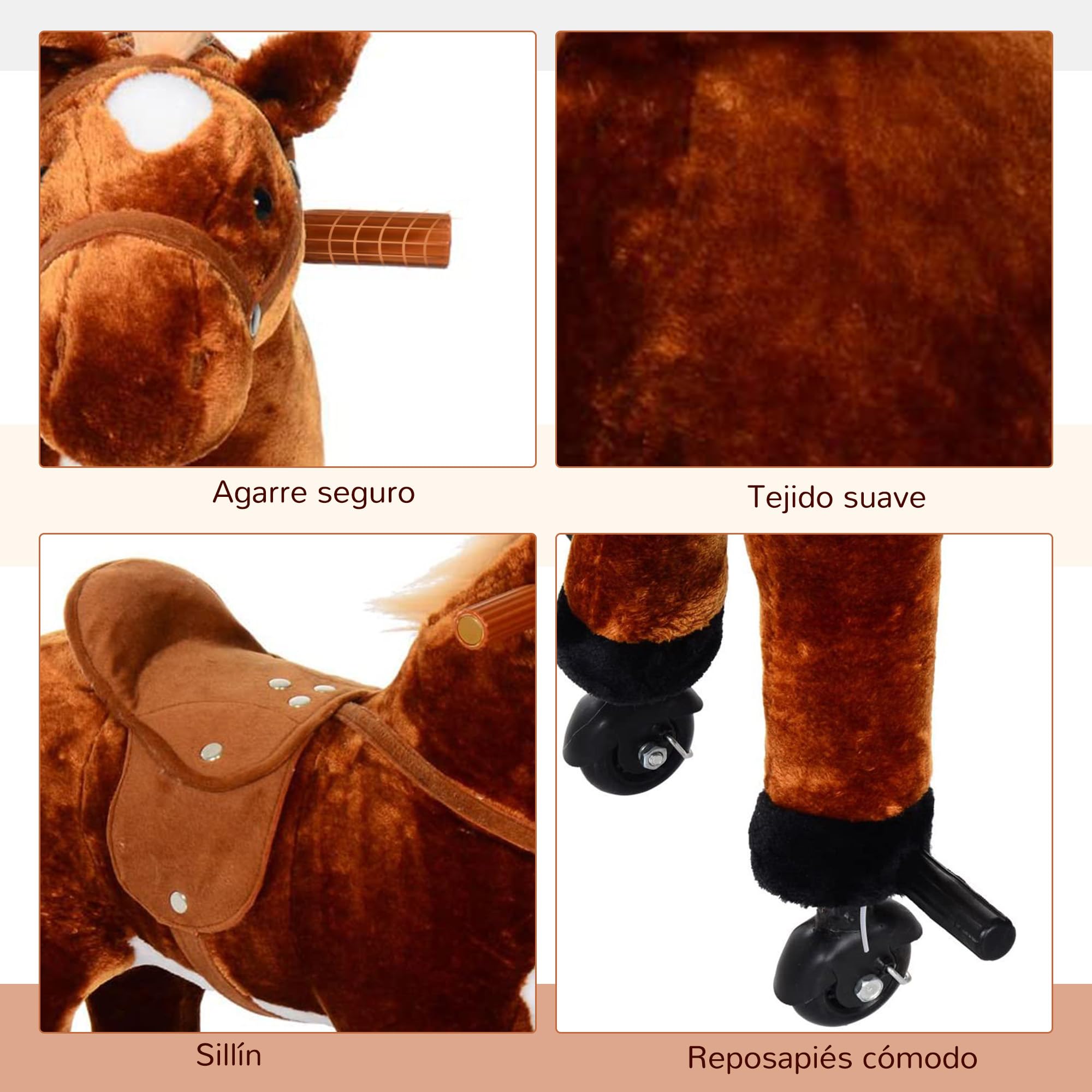 HOMCOM Caballo de Juguete para Niños de +2 Años Caballo de Juguete con Ruedas Sonidos y Estructura de Metal Carga 60kg 65x28x75 cm Marrón