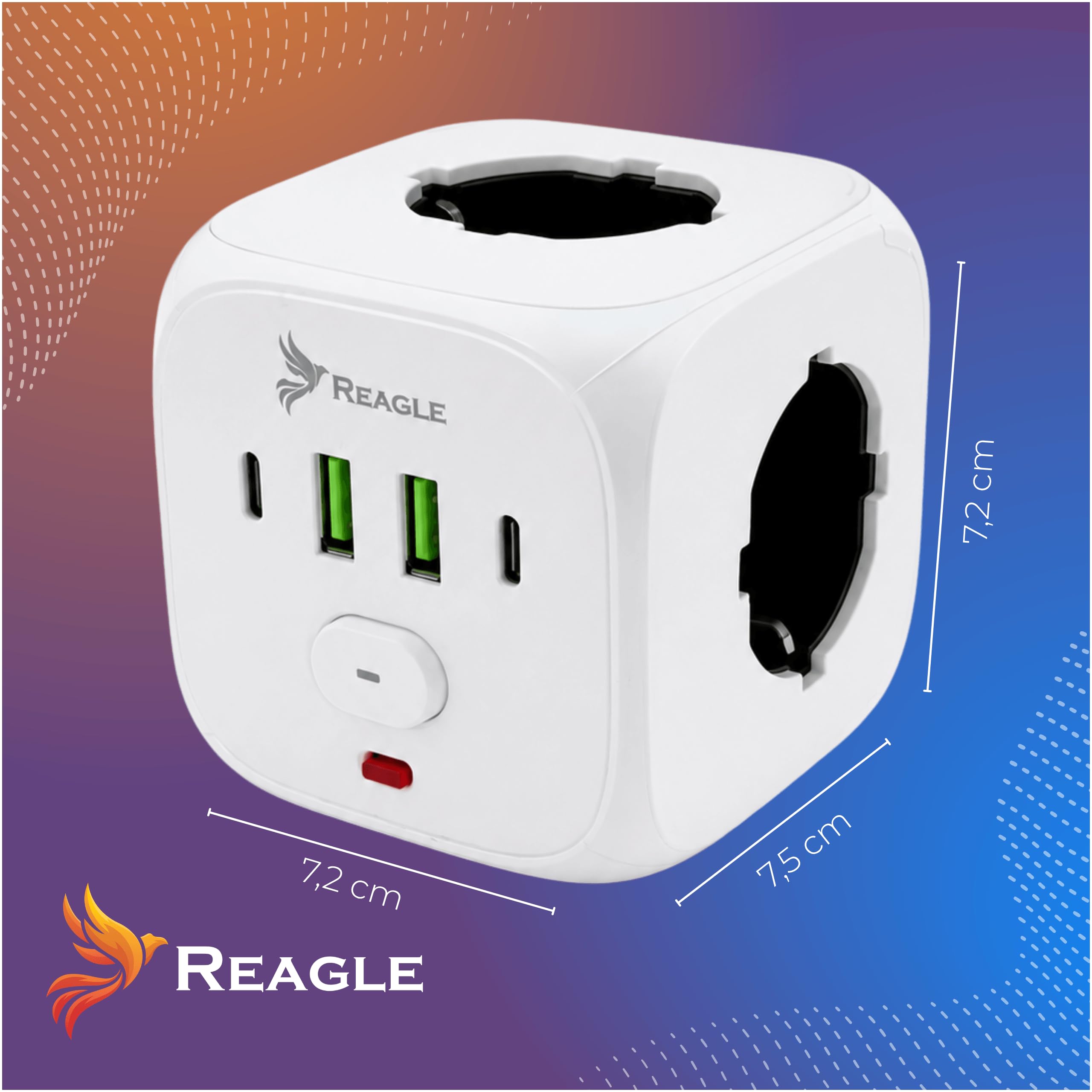 Reagle Kostka Zasilająca Bez Kabla 3 Gniazda 230V, Rozgałęźnik Do Gniazdka z USB 2x USB A 2x USB C, Listwa Zasilająca Cube, Włącznik ON OFF, 2500W, Do Domu Biura Podróży, Biała