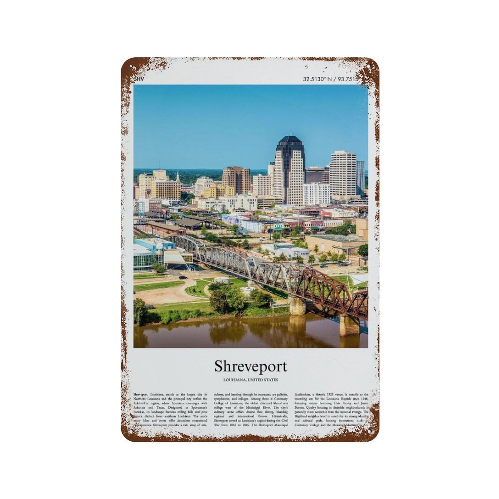 xiaoxiaoshen Shreveport Louisiana, United States, USA City Scenery Wall Decor Art Metal Tin Poster Modern Home Decor Art Home Bar Shop Decorations Vintage Sign 30x20cm