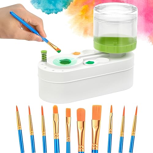 FINFINLIFE Limpiador de pinceles con 10 pinceles de pintura  Enjuagador automático de pinceles para acrílico, acuarela y pinturas a base de agua, no
