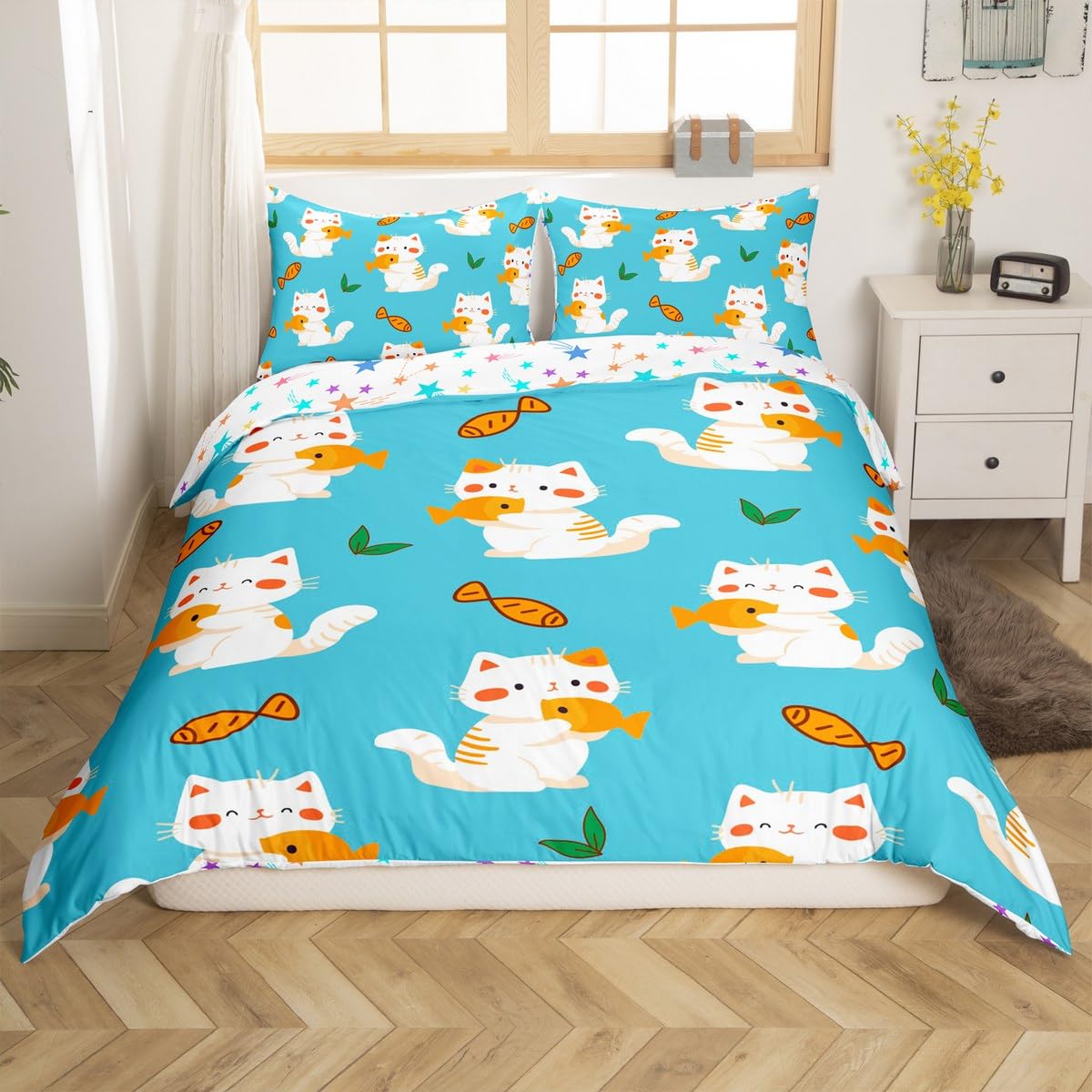 jejeloiu Kids Cat Comforter Cover Toddler Size, Cats Print Bedding Set Boys Girls Cute Kitten Duvet Cover Animal Teens Bedspread Cover Bedroom Decor with 1 Pillow Case (No Comforter)