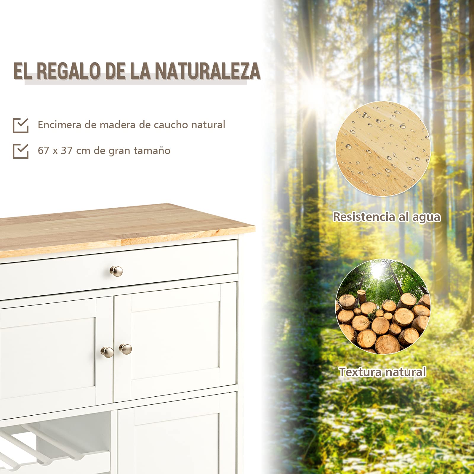 COSTWAY Carro de Cocina, Isla de Cocina con Superficie de Madera de Goma, Cajón, Botellero con 3 Niveles, 2 Armarios, Carrito Giratorio Ideal para Restaurante Cocina Bar (Blanco)