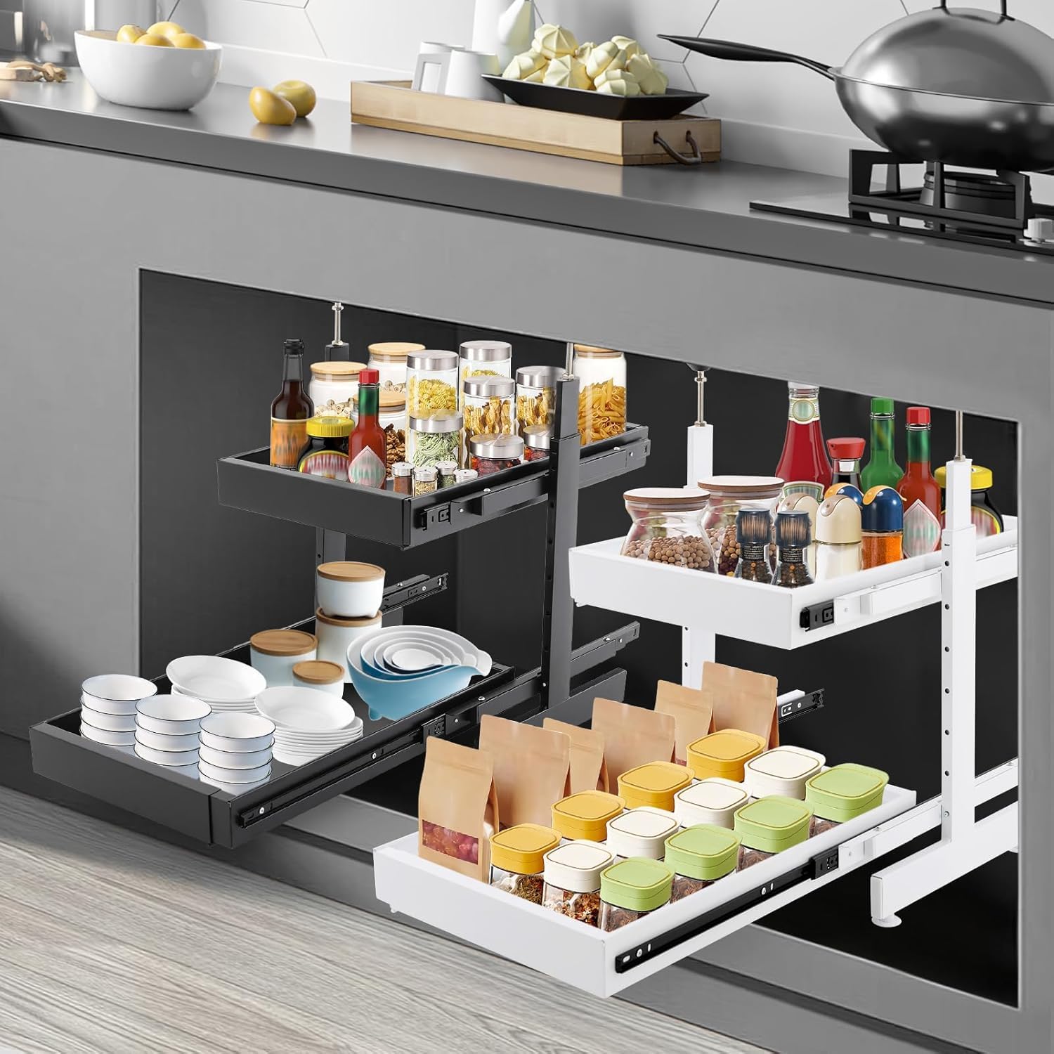 Organizzatore A Cassetti Estraibili A 2 Livelli Espandibili - profondità 53 Cm (21 Pollici) - Soluzione di Stoccaggio per Mobili da Cucina, Dispensa, Bagno E Scaffali di Casa.