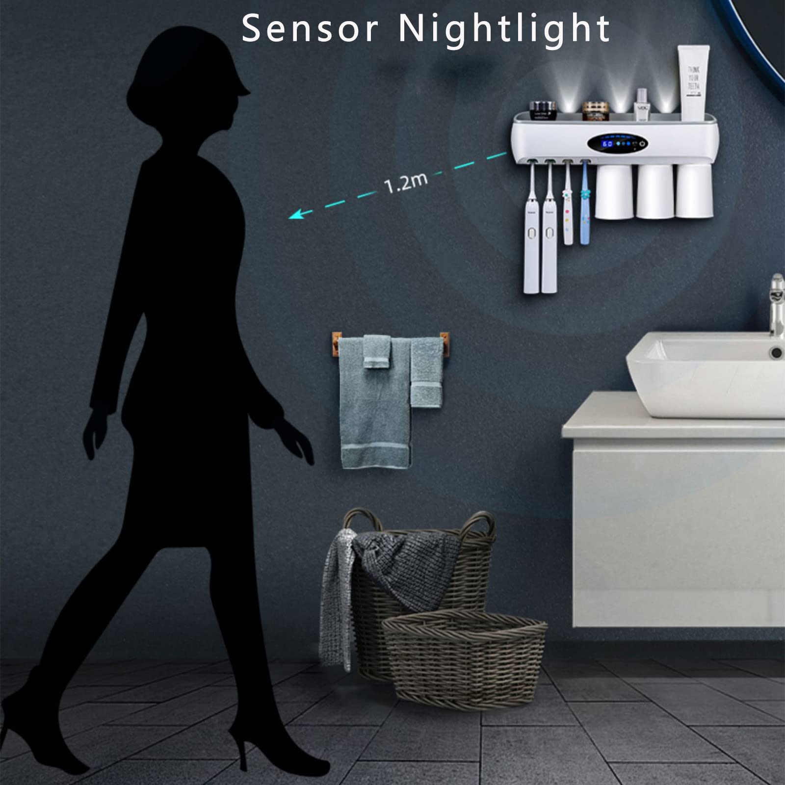 Porta Cepillo de Dientes, Soporte Cepillo de Dientes con Función Esterilizador Secado, LED Estuche Cepillo Dientes con Luz Nocturna, Organizador Baño USB Recargable Blanco