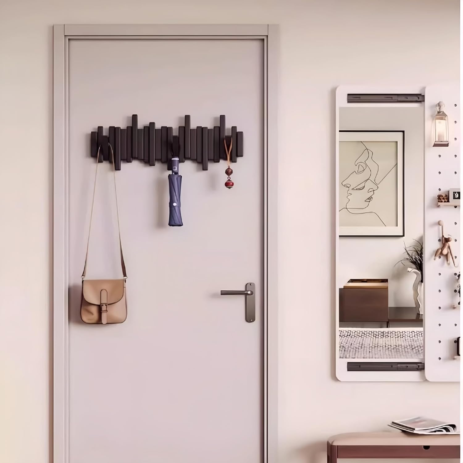 ELECANE Piano Coat Rack Wall Mount, Wooden Piano Key Coat Rack with Flip Down Magnetic Hooks, Wall Mounted Coat Hanger for Entryway Bedroom Kitchen (Walnut, 8Hooks)