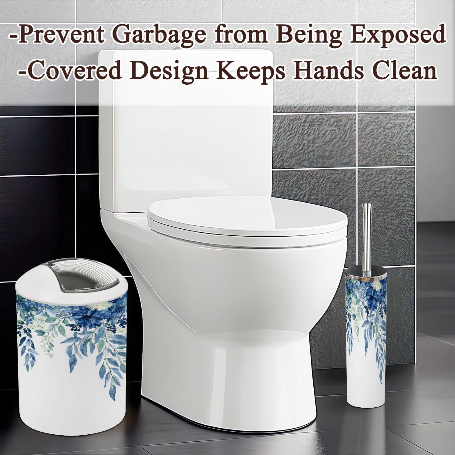 Bathroom Accessories Set 6 Pcs Blue Eucalyptus Leaf Plant Leaves Navy Blue Leaves White Flowers Toothbrush Holder Cup Soap Dispenser Soap Dish Toilet Brush Holder Trash Can for Countertop Decor