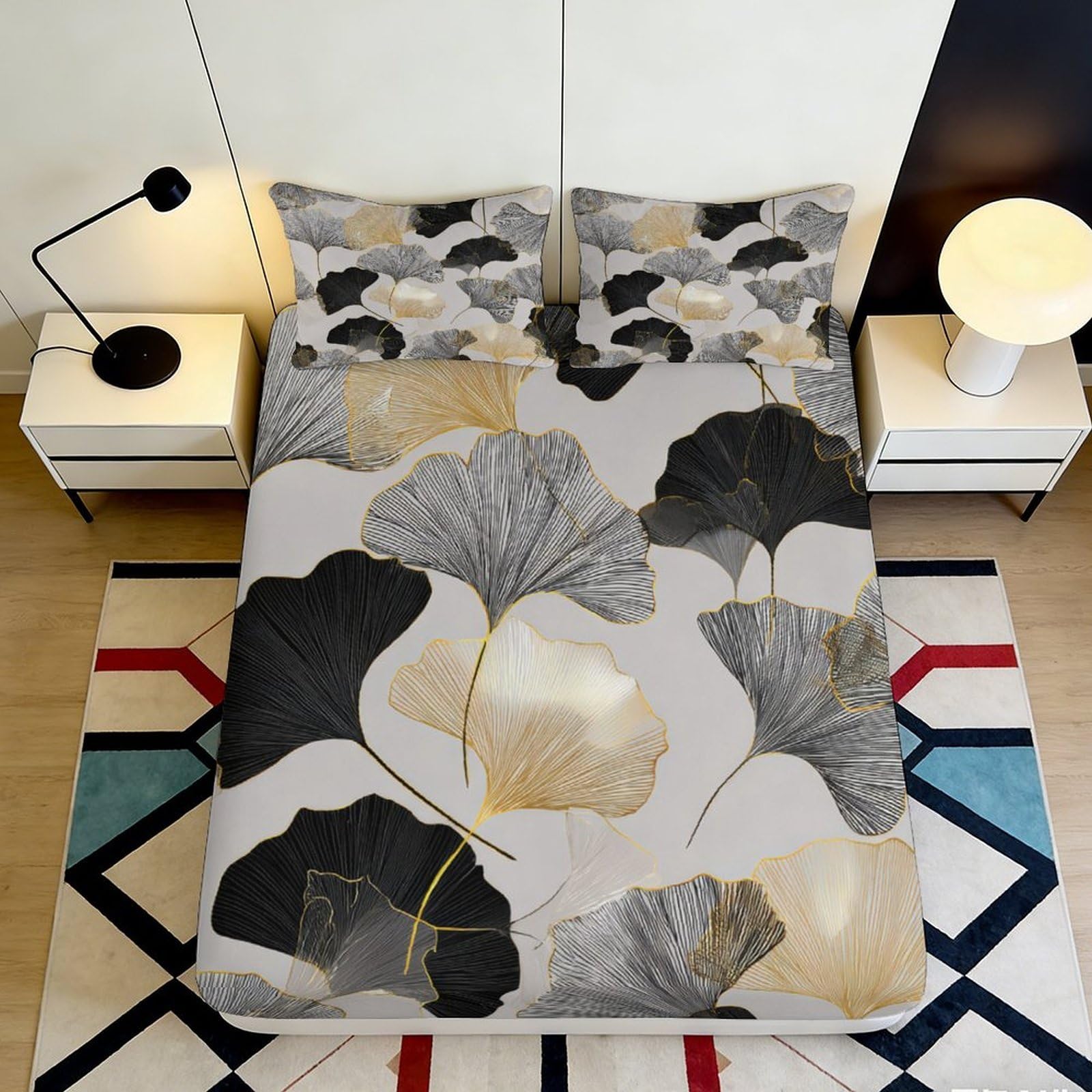 3D Printed Ginkgo Leaf Fitted Sheet Microfiber Durable Soft Breathable Floral Bed Cover for Bedroom Dorm Dormitory Guest Room Mattress Protection 140x200x25cm