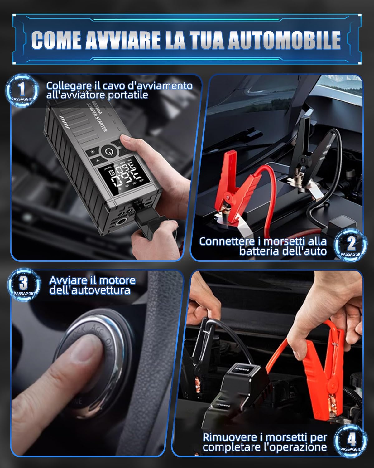 4500A Avviatore Batteria Auto con Compressore 150PSI, Booster Avviamento Auto Professionale per Motori 8L Gas / 6L Diesel, Jump Starter Portatile 12V e Starter Auto Portatile con Display LED