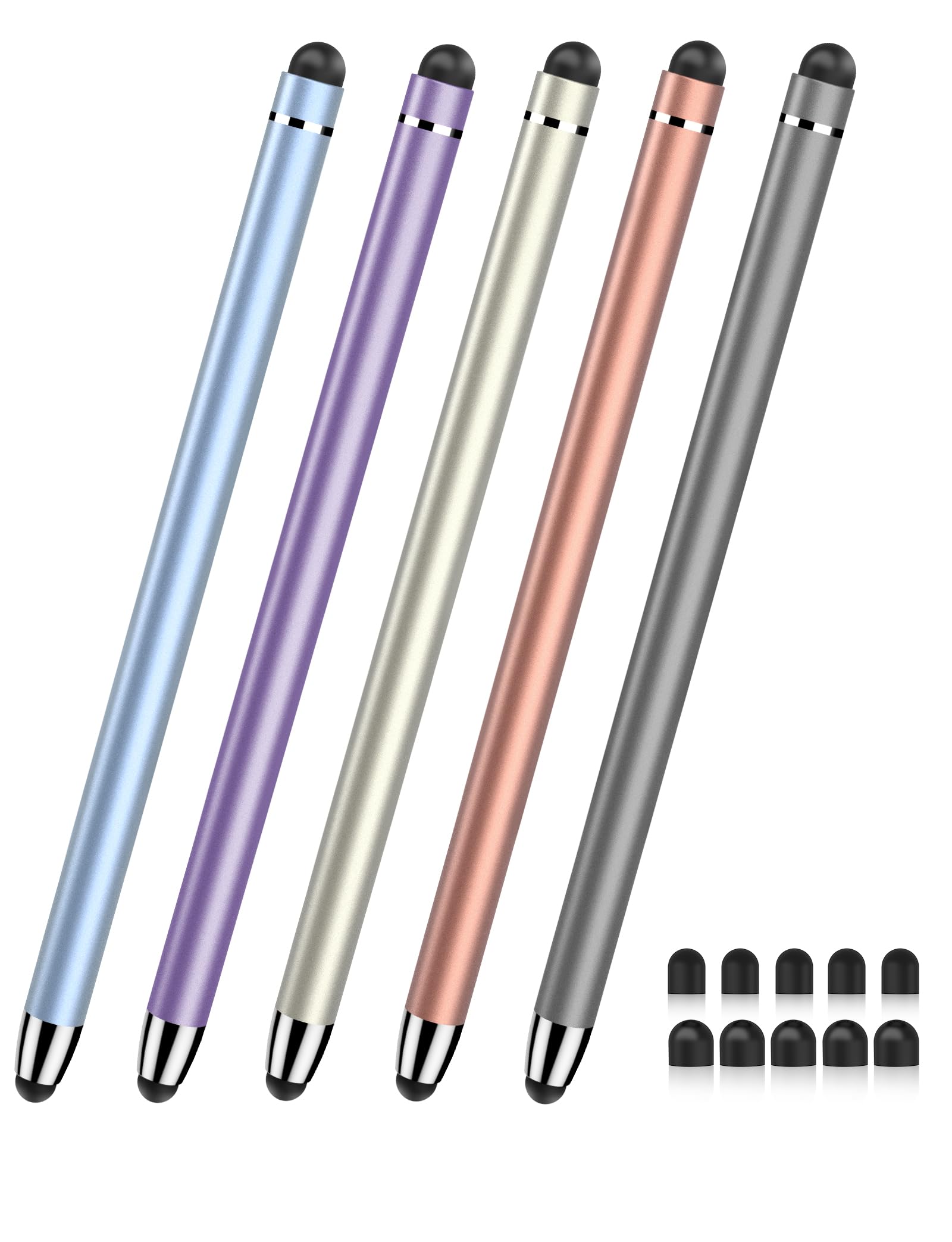 Tablet Stift MEKO 5 Pack Touchscreen Stift 2 in 1 Gummi Touch Pen für alle Handys/Tablets iPhone i-Pad Pro Mini Samsung Huawei Xiaomi Surface Chromebook usw (Grau/Blau/Lila/Gold/Roségold)