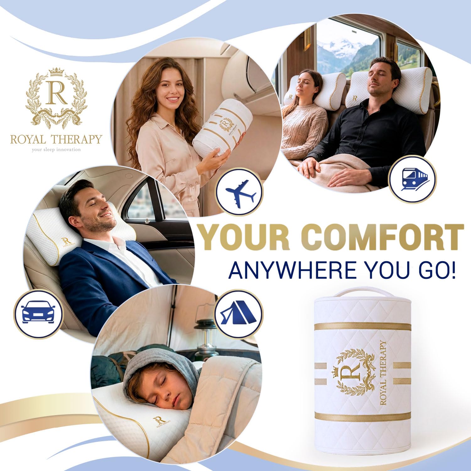 Royal Therapy Almohada de espuma viscoelástica de viaje, almohada de cuello de bambú ajustable para dormir de lado (viaje 18 x 12 x 5)