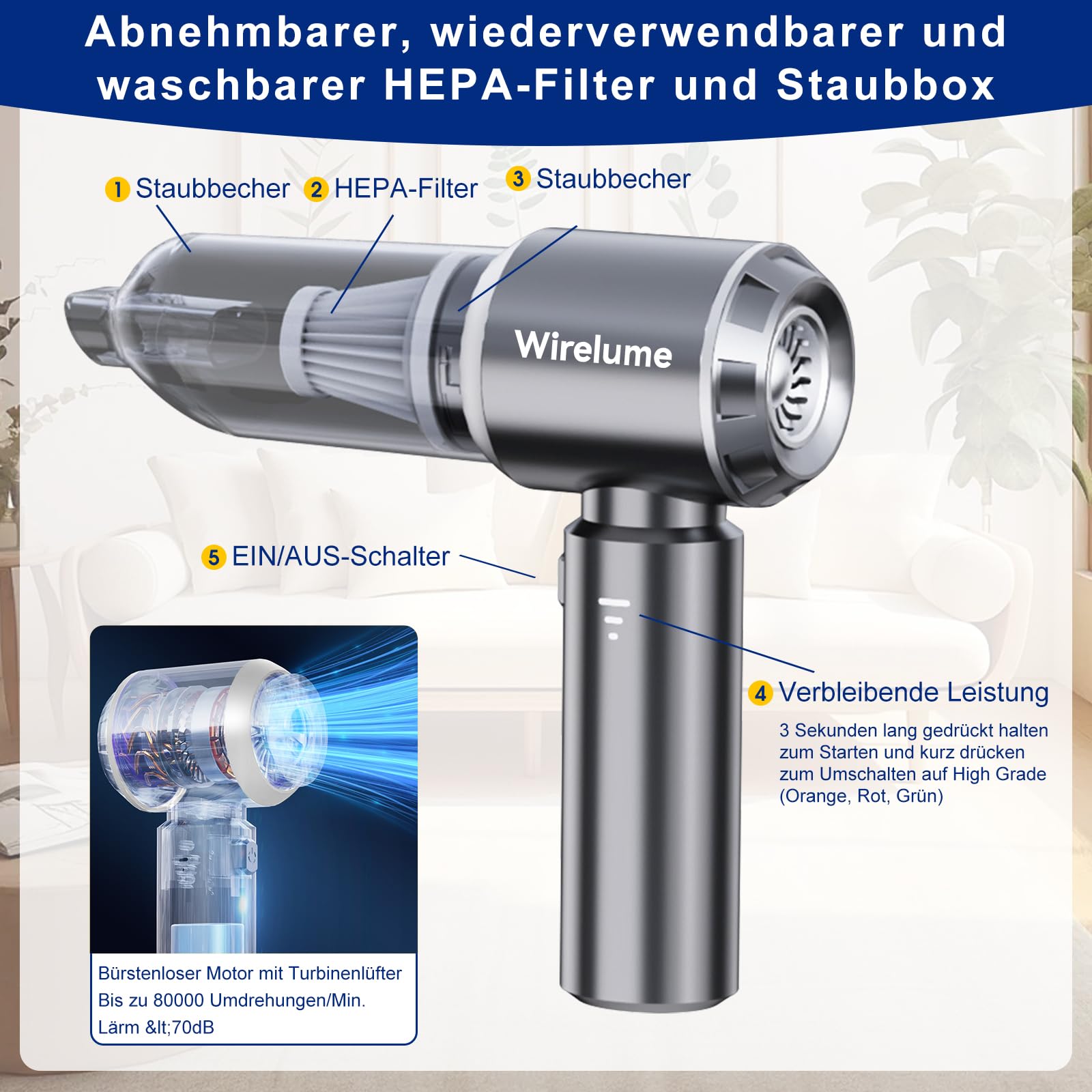 Handstaubsauger akku Auto kabellos 4 in 1 autostaubsauger Mini Staubsauger 22,000 Pa Starke Zyklon-Saugleistung Stark 3-Gang tragbar wiederaufladbar leicht für Tierhaare, Fahrzeuge Dunkelgrau