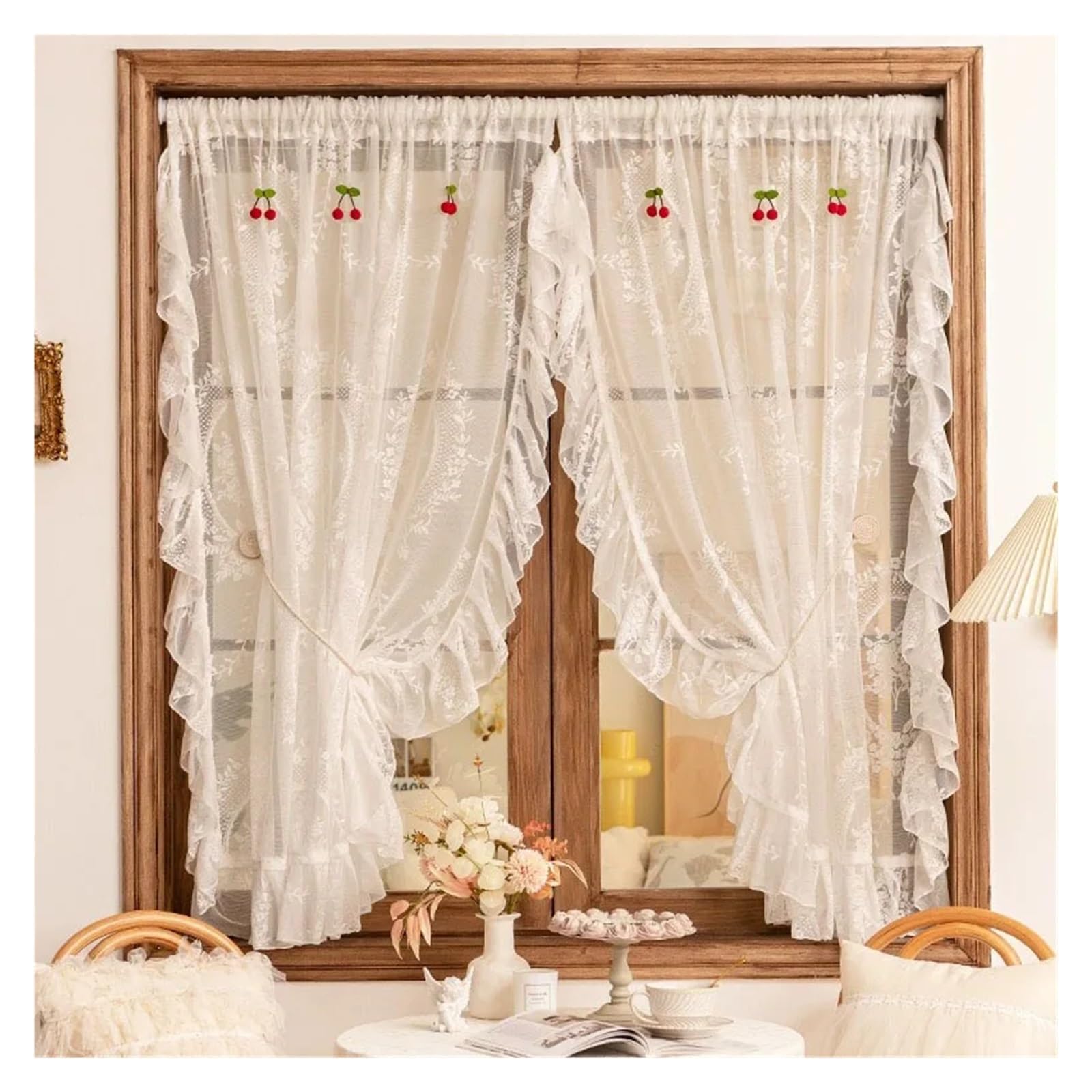 Gerüschte Vorhänge 1 PC Französisch Stil Rüschen Spitze Tüll Vorhang mit Kirschen Amerikanischen Retro Weiß Voile Sheer Vorhänge for Wohnzimmer Schlafzimmer(ROD POCKET PROCESS_W100 X H180CM 1PIECE)