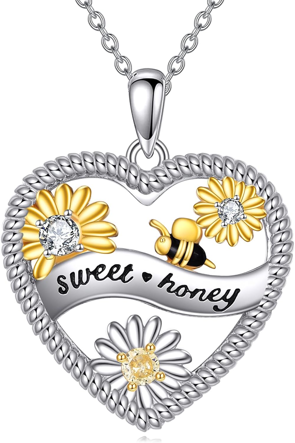 LUHE Bee Necklace 925 Sterling Silver Honeycomb Cute Flower Pendant Necklaces for Women Gifts for Her Women