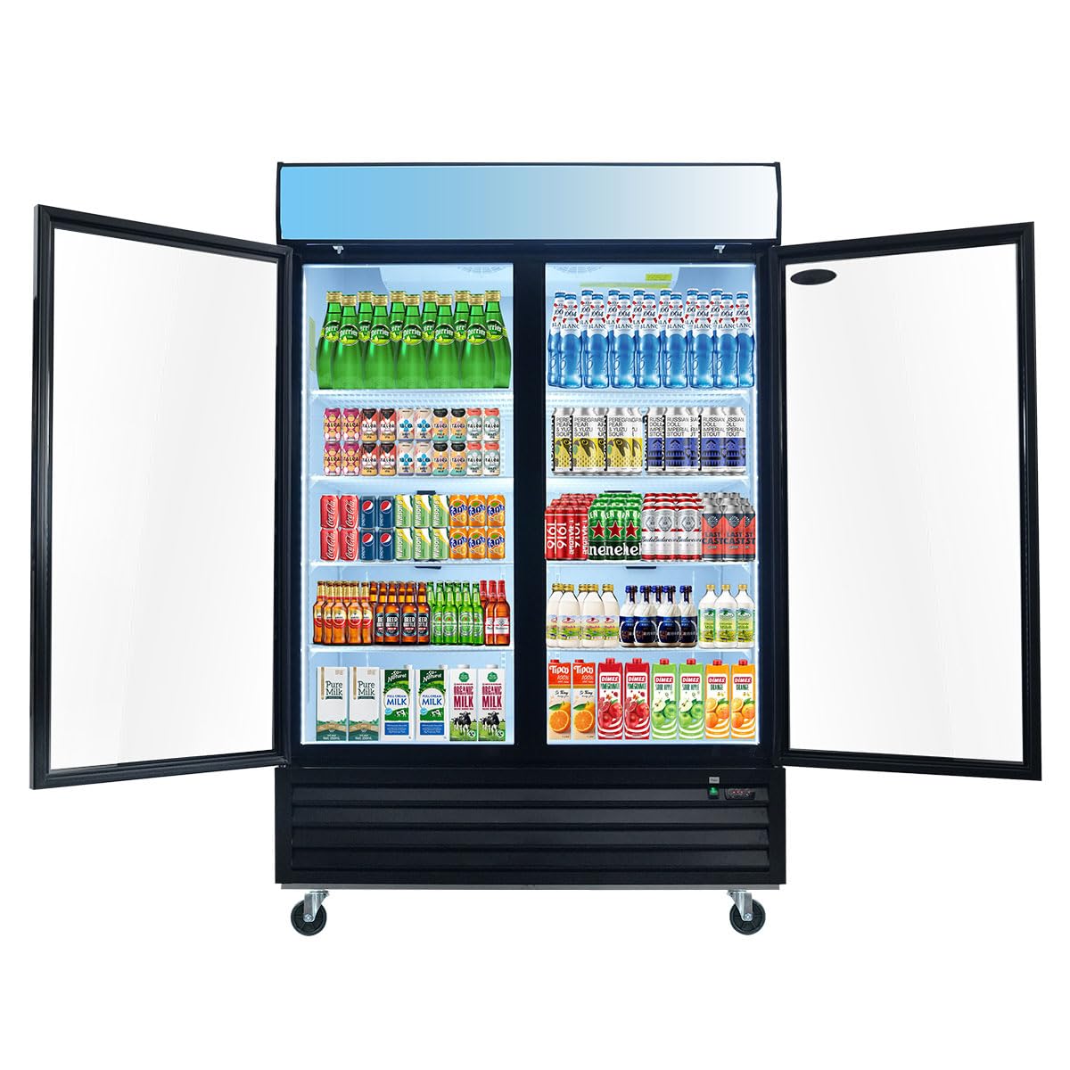 44.7 Cu.ft Glass Door Display Commercial Refrigerator,Beverage Refrigerators with Adjustable Shelves and Defrost System,LED Light,4 Universal Casters,