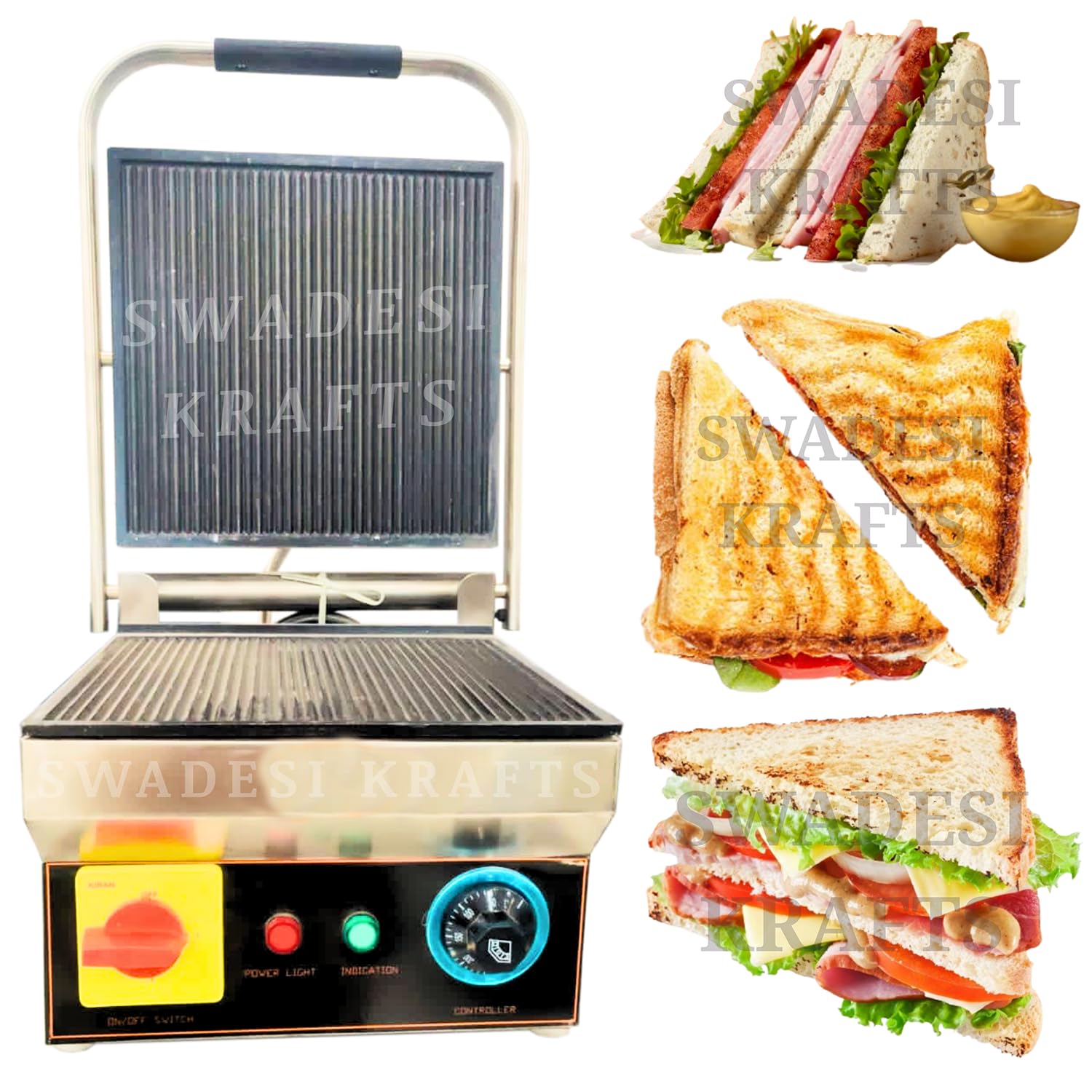 SWADESI KRAFTS Stainless Steel 202 Single Sandwich Griller 1100-Watt 2 Heater| Sandwich Grill Machine 11”X12” Inch 4pcs Sandwich |Size 18”X14”X10” Inch (LXWXH)-picture-17