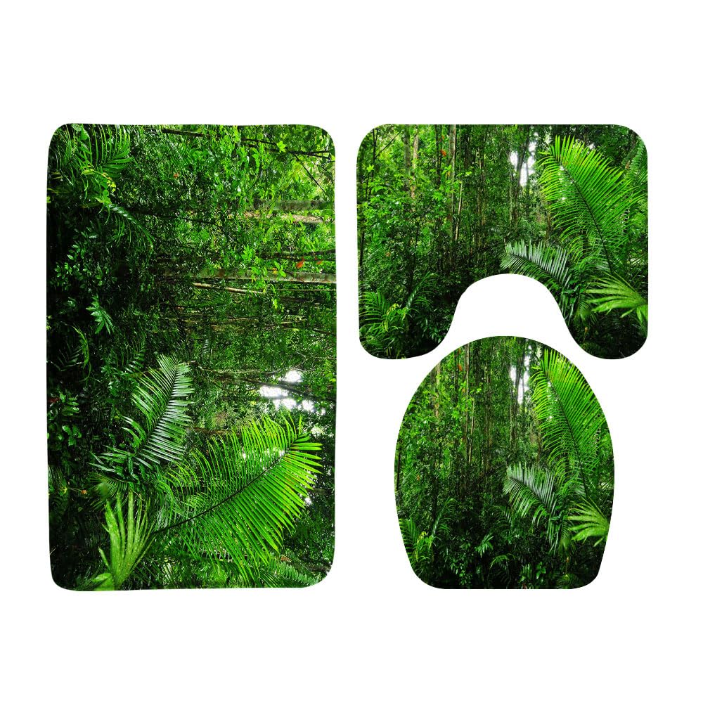 Tropical Rainforest 3 Pcs Bath Rugs Set,Green Palm Leaves Jungle Plnat Nature Landscape Lush Tree Forest Botanical Bathroom Kitchen Rug with 16