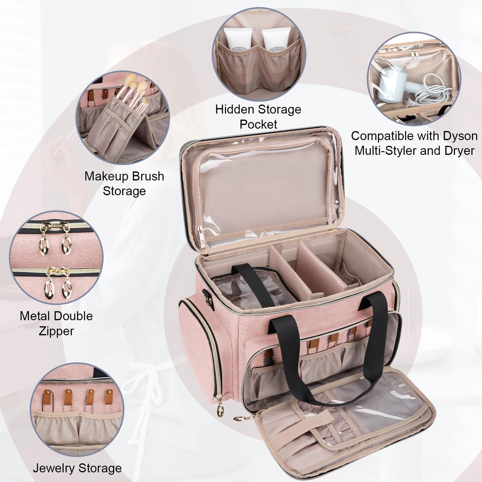 GDNasist Grande borsa di trucco, borsa portatile di trucco di viaggio, rosa, 13.58" L * 7.87" W * and 9.45" H, Classico