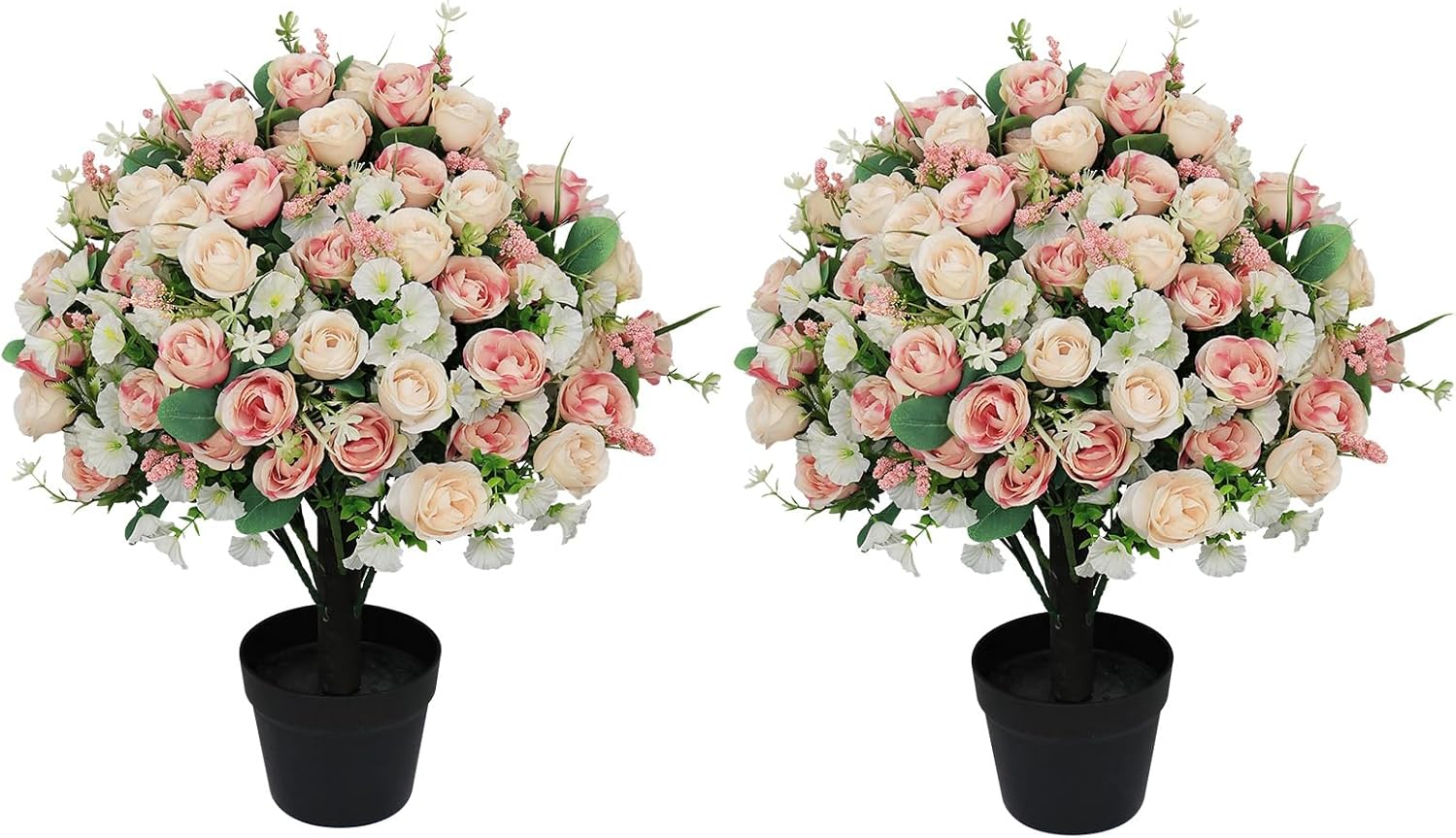 24" Artificial Outdoor Flowers Set of 2, Faux Rose with Eucalyptus Plants in Cement Pots, UV Resistant Potted Fake Silk Flowers Arrangement for Front Porch, Entryway, Spring Home Indoor Decor