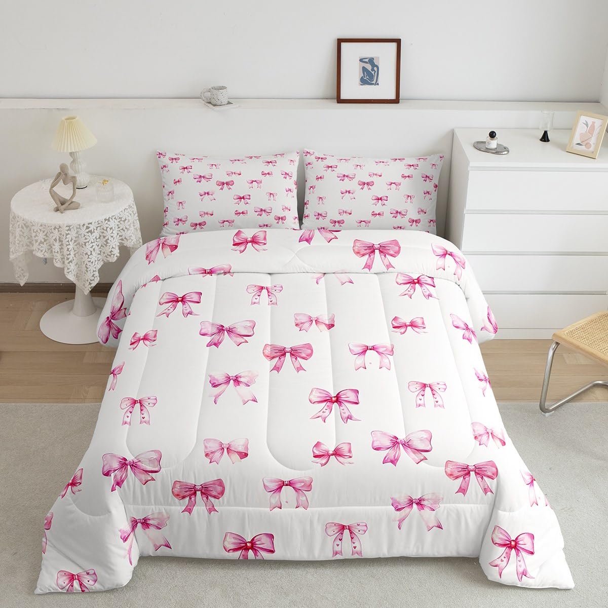 Feelyou Pink Girls Bow Bedding Set Boys Girls Full Size Bow Comforter Set for Kids Women Men Ultra Soft Cute Bowknot Comforter Kawaii Duvet Set Room Decor Lovely Quilt Set