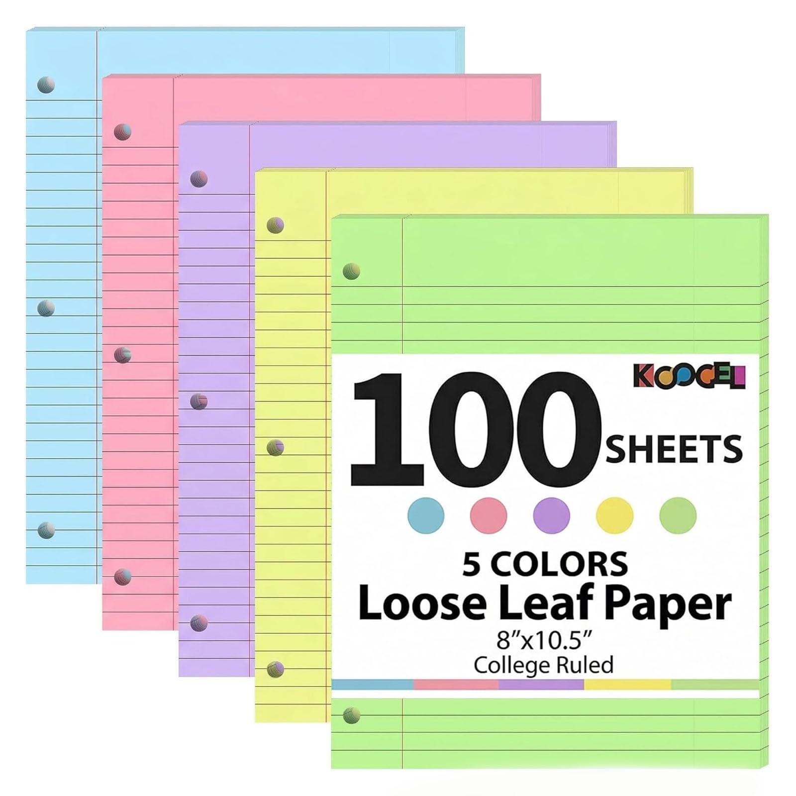 Koogel 100 Sheets Loose Leaf Notebook Paper – 5-Color College Ruled, 3-Hole Punch, 8 x 10.5 Inch for School, Office &amp; Travel Notes