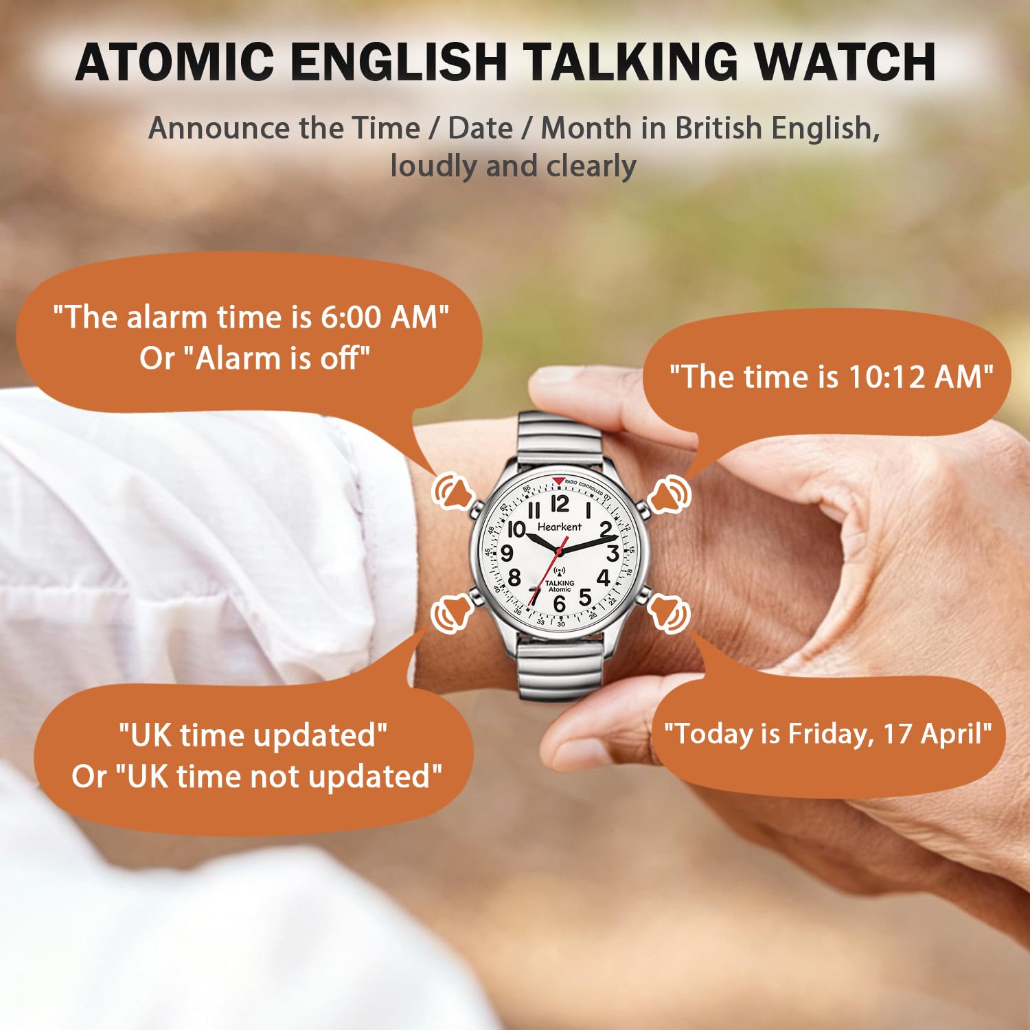 Hearkent Atomic British English Talking Watch for Blind or Visually impaired or Low Vision People Man and Woman Size (Expansion Siler, Woman)