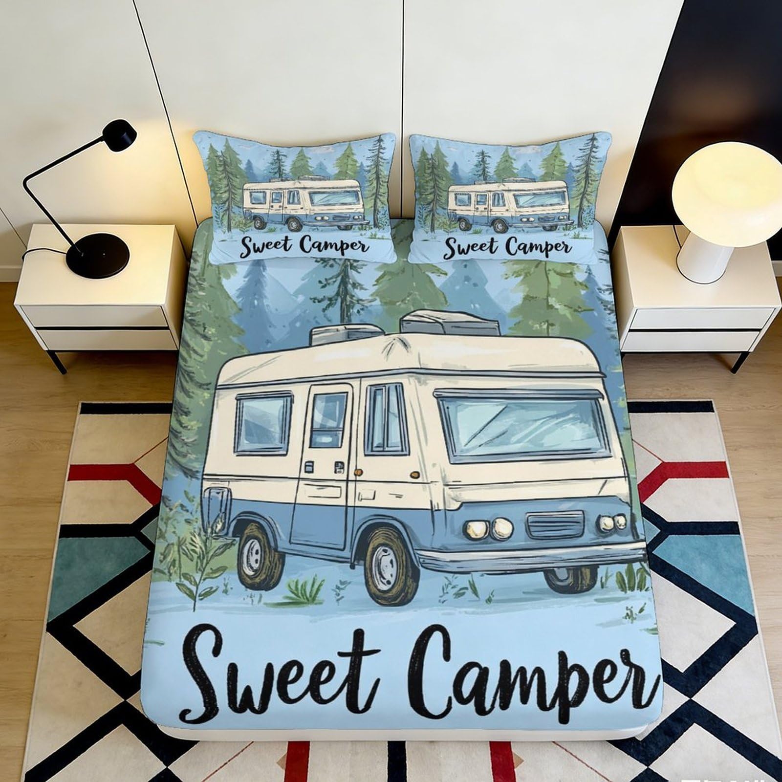 3D Printed Sweet Camper Fitted Sheet Microfiber Soft Durable Blue Bed Cover with RV Design Mattress Cover for Bedroom Dormitory Guest Room 120x200x25cm