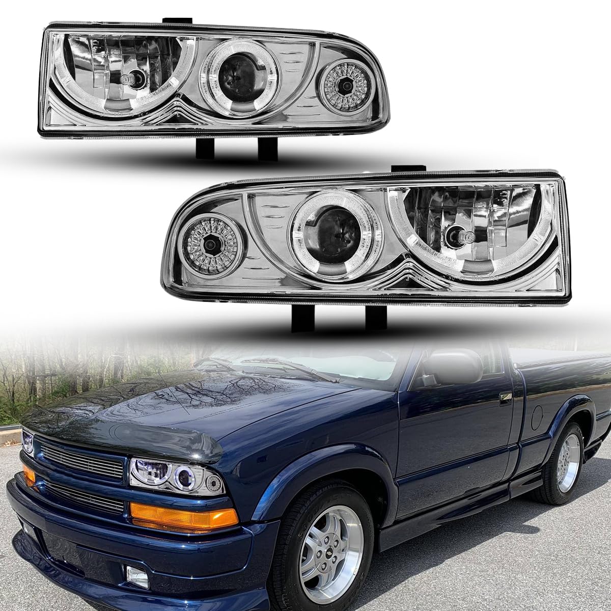 Pair Projector Headlights For 1998-2005 Chevy S10 Blazer – Chrome Housing Clear Lens