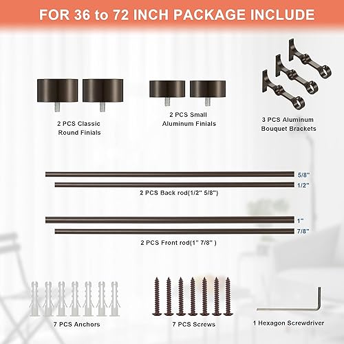 Miniatura 6 de Lwiiom Barras de cortina dobles con tapa de aluminio y soportes envolventes completos, barra delantera de 1 pulgada y barra trasera de 58 pulgadas,