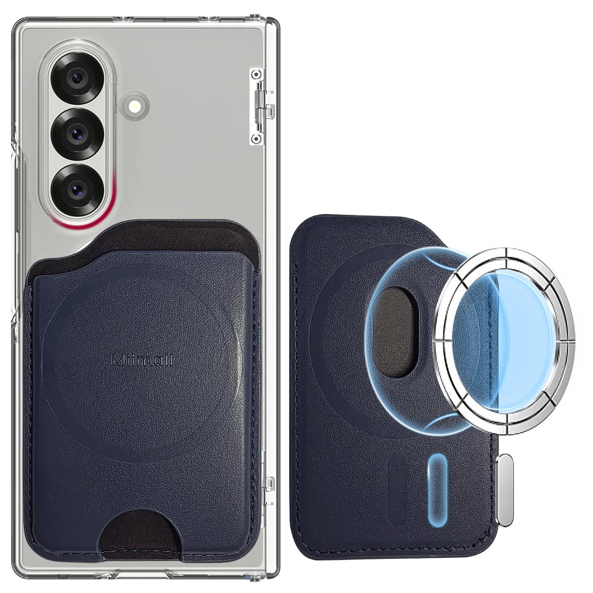 Miimall Portafoglio Mag-Safe per Samsung Galaxy S25 S24 FE/Plus/Ultra/Z Fold 7/iPhone 17 16 15, portafoglio sottile in pelle con 3 scomparti per carte, porta carte magnetico per cellulare, Blu