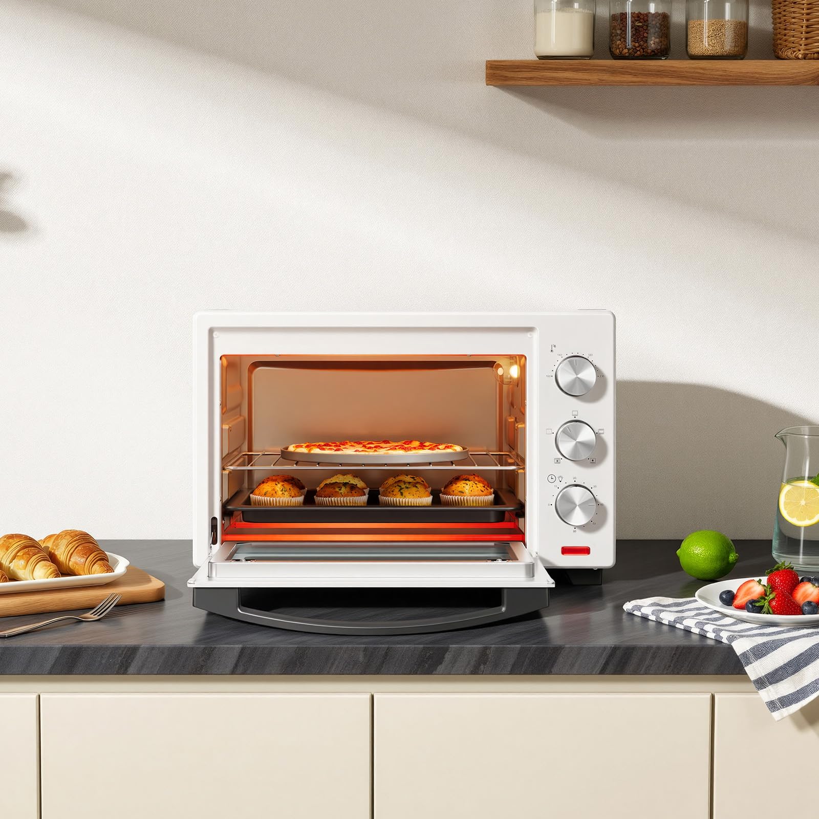 WOLTU Fornetto Elettrico 28L 1600W Temperatura 100-230°C Timer 0-60min Doppio Vetro Bianco