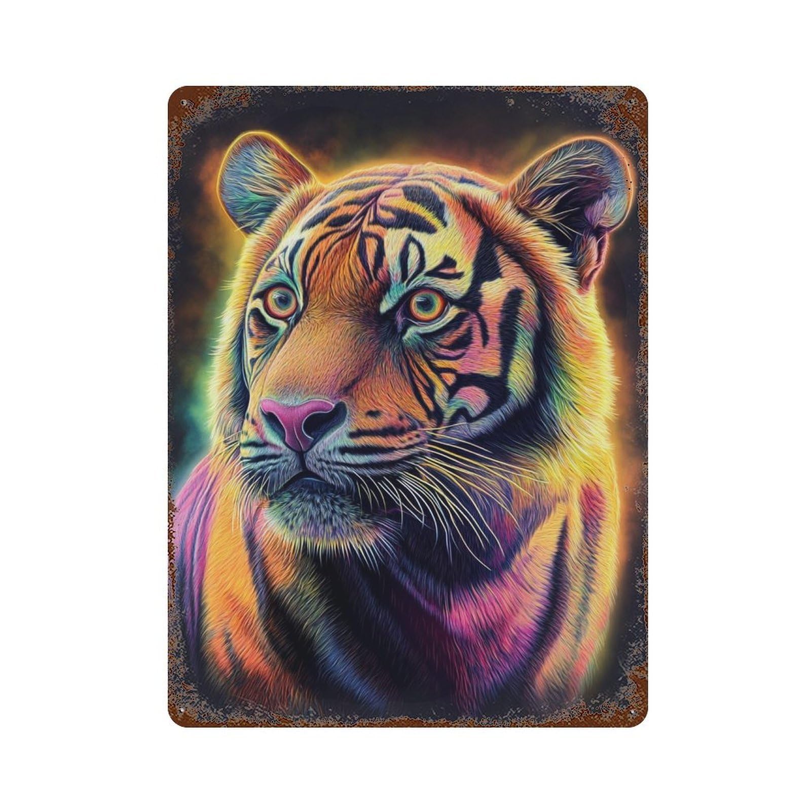 Colorful Tiger Portrait Aged Metal Wall Plaque 15.7"x11.8", Rustic Home Decor for Garage, Pub Or Kitchen