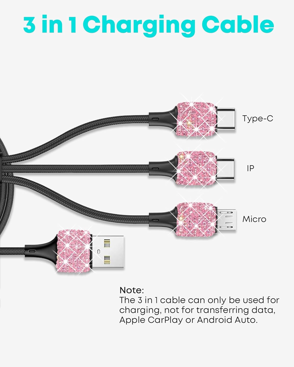 Bling USB Car Charger 5V 2.4A Pink Crystal Decor Dual Port Fast Adapter with 4ft Nylon Type C Micro USB 3 in 1 Multi Charging Cable for iPhone iPad Android, Auto Interior Accessories for Women - Image 3