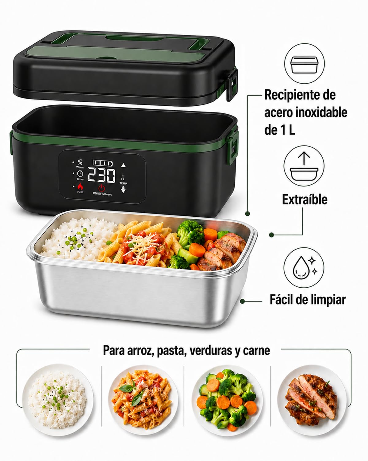 LANMOU Fiambrera Eléctrica Sin Cables 1L, Batería 16000mAh, Acero Inox 304 | Tupper Eléctrico Recargable Usb-C, 6 Temperaturas, Temporizador, Para Coche Camión Oficina Y Trabajo, 60w