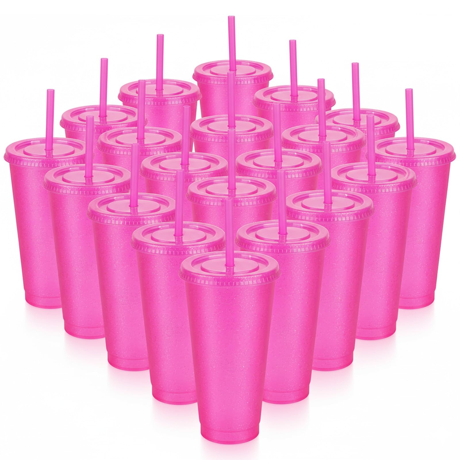 ZILAMGOO 24 Pcs 24 oz Reusable Glitter Cups with Lids and Straws Plastic Party Favor Cups Iced Coffee Cup Reusable Straw Cup for Party Birthday Events