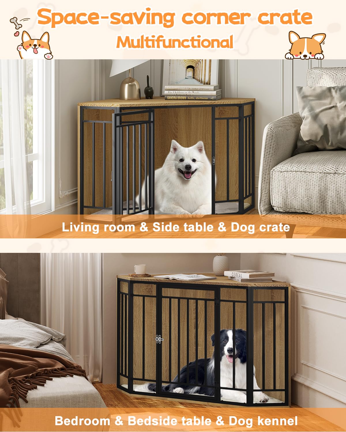EUGAD Mobile Kennel Cane, Gabbia per Cani ad Angolo, Gabbia per Cani in Legno,Tavolo Supplemento,Sopporta di 70kg, Moderna Kennel Cane,Dog Crate Decorativa con Porta Bloccabile 111x60x67cm
