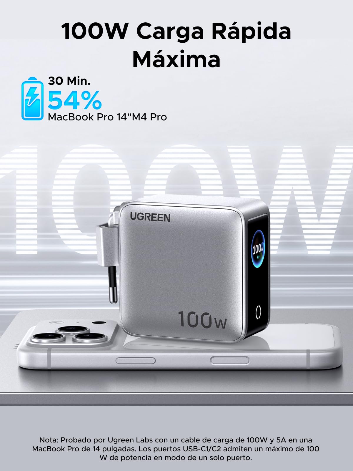 UGREEN Nexode Pro 100W Cargador USB C Carga Rápida Pantalla TFT | 4 Puertos, PD 3.0, PPS 45W, Compatible con iPhone 17 Pro MAX Air 16 15 Galaxy PPS 45W S26 25 Pixel 10 iPad MacBook M5 M4
